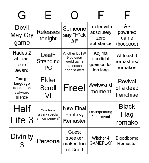 Game Awards 2025 Bingo Card
