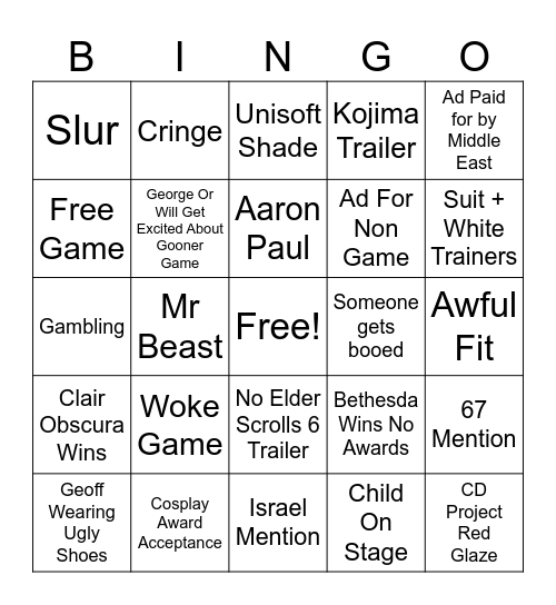 Game Awards Bingo Card