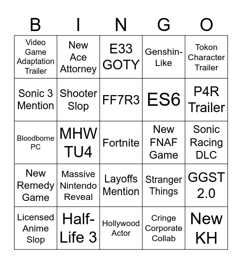TGA Bingo Card