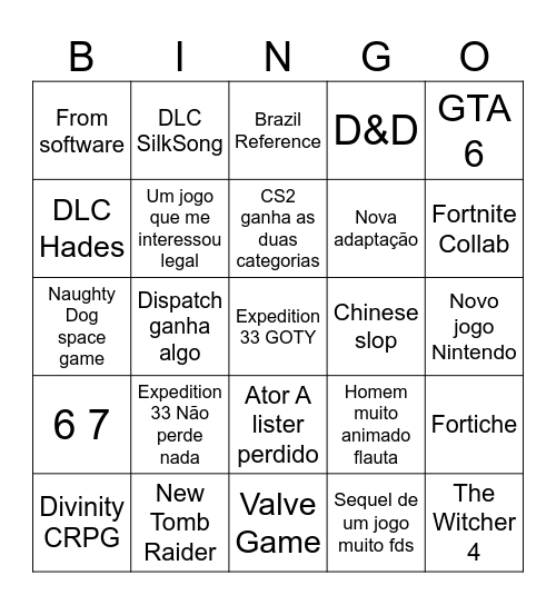 Game awards Bingo Card