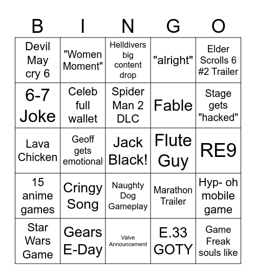 TGA 2025 Bingo Card