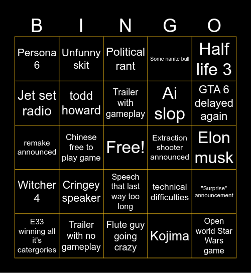 game awards Bingo Card