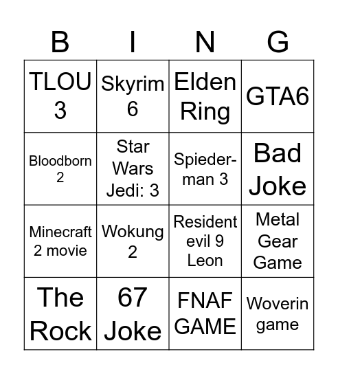 Game Awards Bingo Card