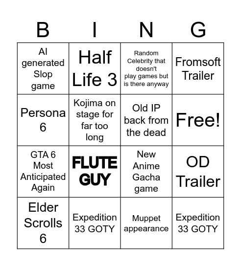 The Game Awards 2025 Bingo Card