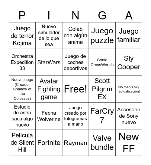 My Game Awards Bingo Card