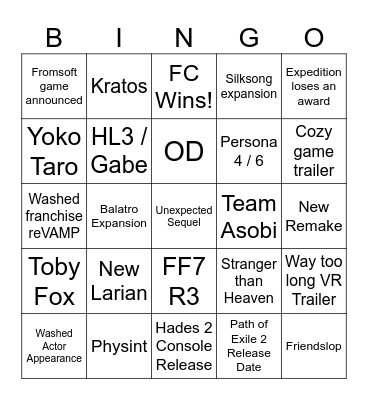 Game Awards 2025 Bingo Card