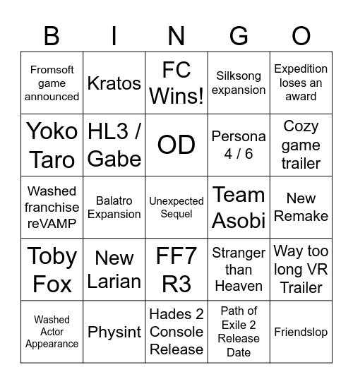 Game Awards 2025 Bingo Card