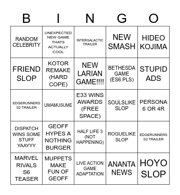 THE GAME AWARDS 2025 Bingo Card