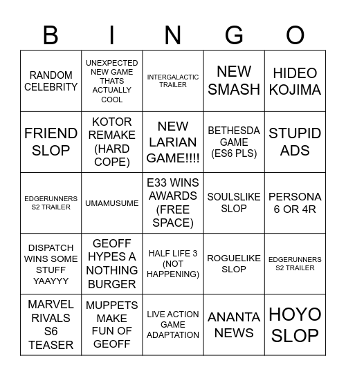 THE GAME AWARDS 2025 Bingo Card