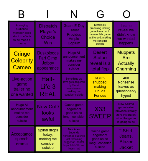 TGA  Bingo Card