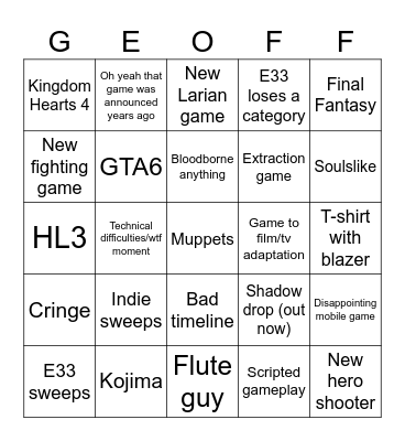 Game Awards 2025 Bingo Card