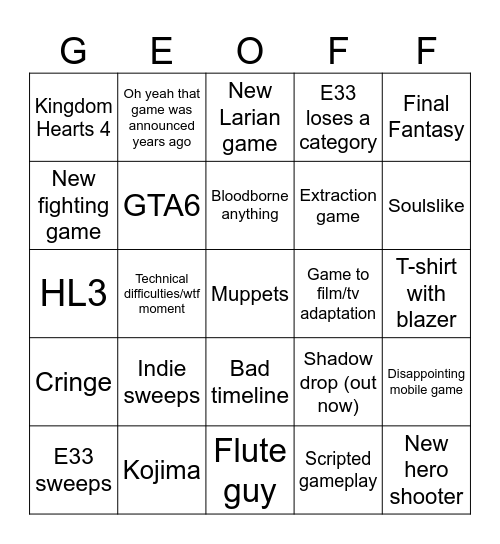 Game Awards 2025 Bingo Card