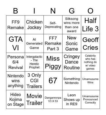Game Awards Bingo Card