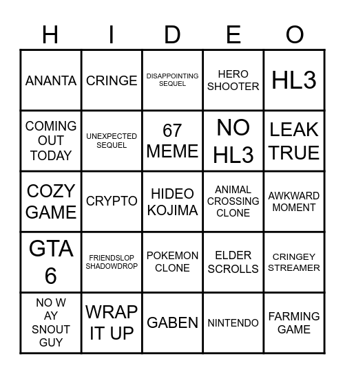 TGA Bingo Card