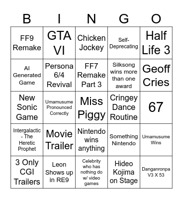 Game Awards Bingo Card