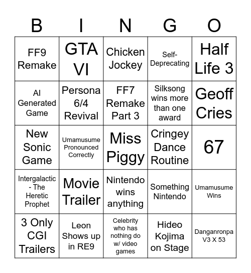 Game Awards Bingo Card