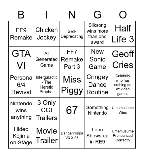Game Awards Bingo Card