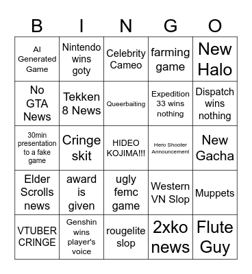 game awards Bingo Card