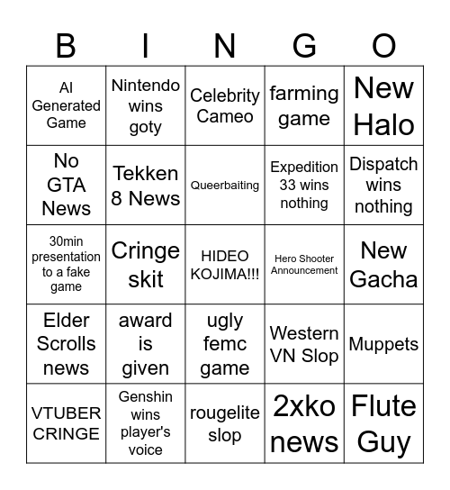 game awards Bingo Card