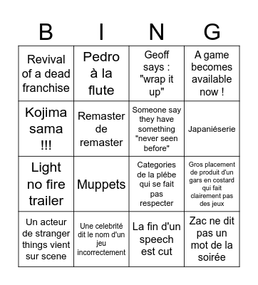 Game Award Bingo Card