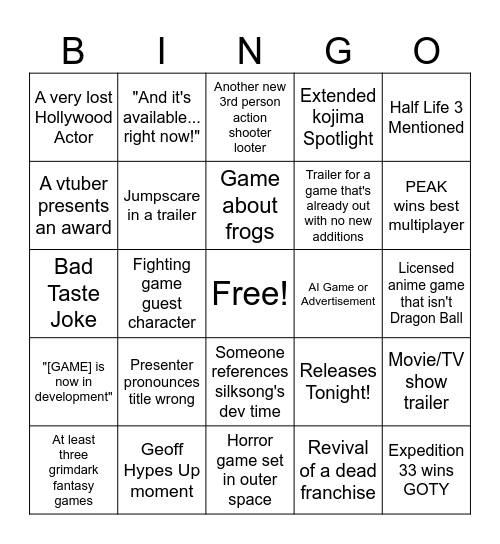 Game Awards Bingo Card