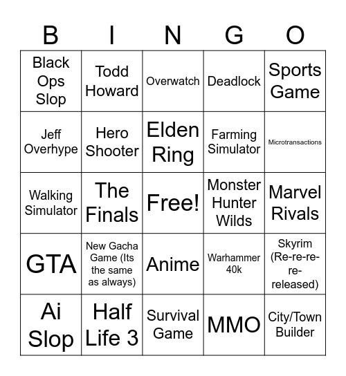 Game Awards Bingo Card