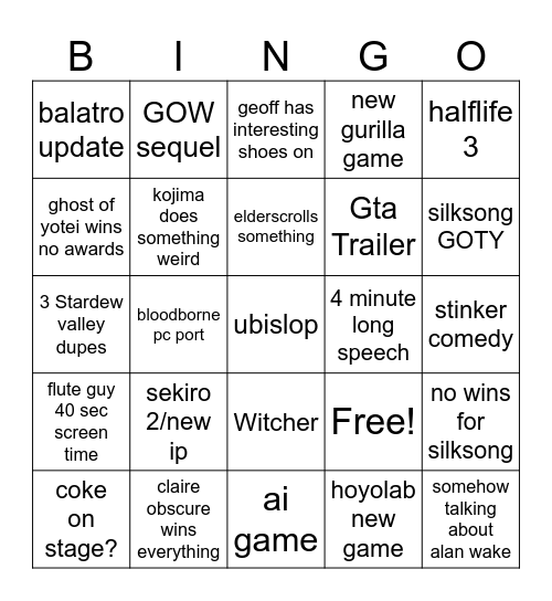 The Game Awards Bingo Card
