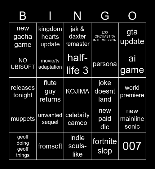 game awards Bingo Card
