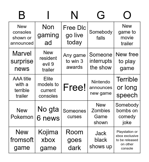 Game awards Bingo Card