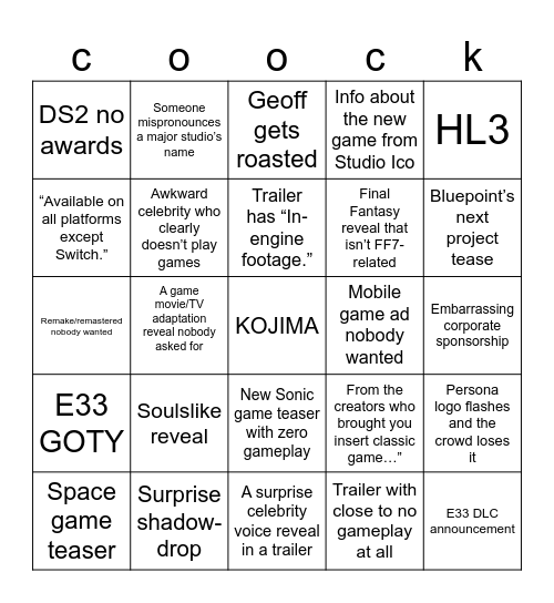 Kojima Bingo Card