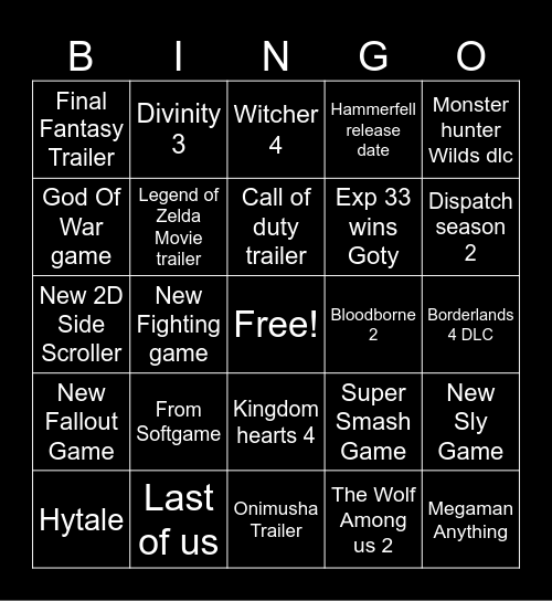 Game Awards Bingo Card