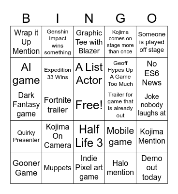 game awards bingo Card