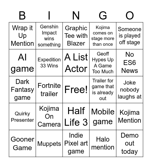 game awards bingo Card