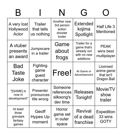 Game Awards Bingo Card