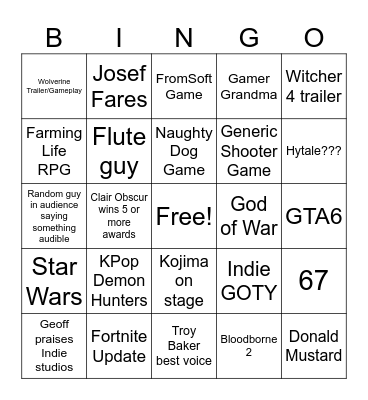 Game Awards Bingo Card