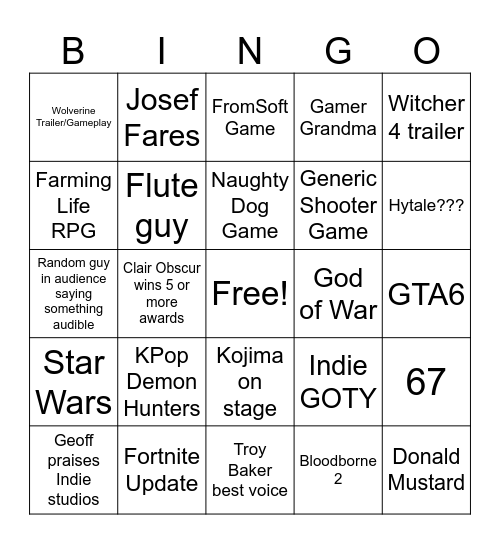 Game Awards Bingo Card
