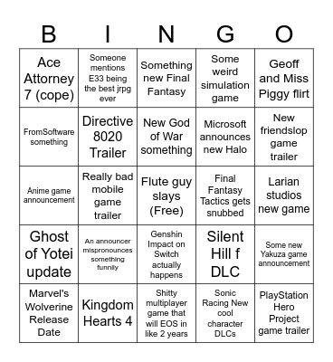 TGA Bingo Card