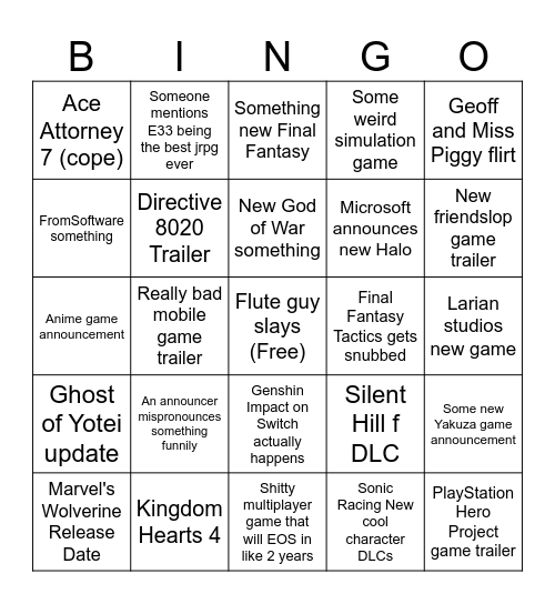 TGA Bingo Card