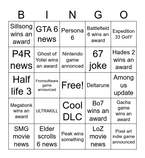 Game awards Bingo Card
