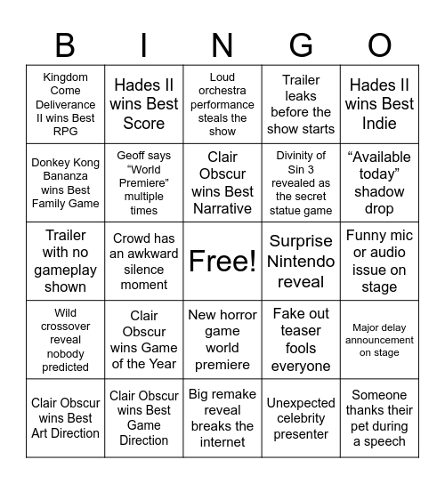 Game Awards Bingo Card
