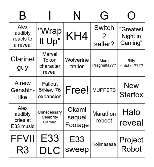 Game Awards Bingo Card