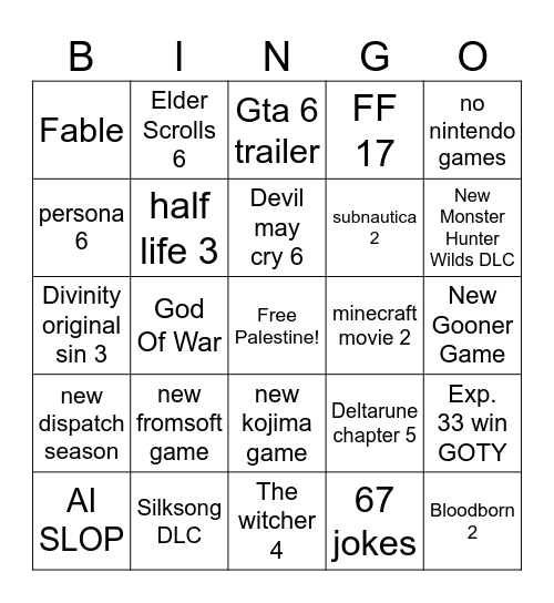 Game awards 2025 Bingo Card