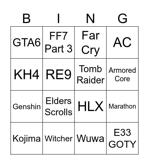 TGA 2025 Bingo Card