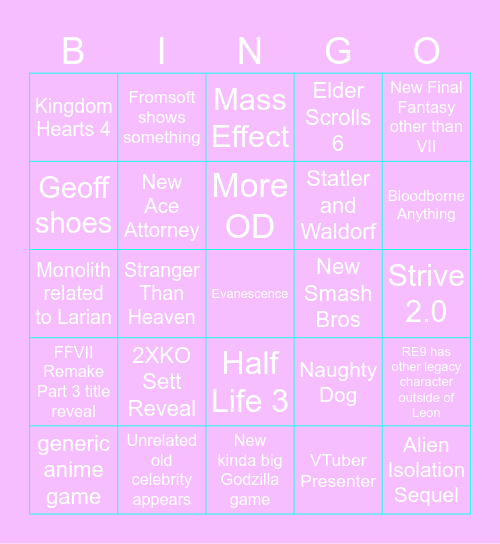 The Game Awards 2025 Bingo Card