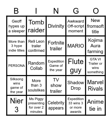game awards Bingo Card