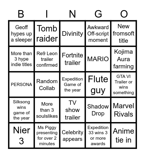 game awards Bingo Card