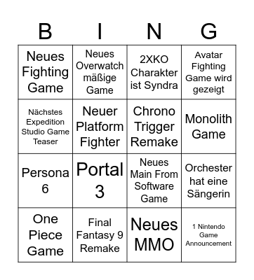 Game awards prediction Bingo Card