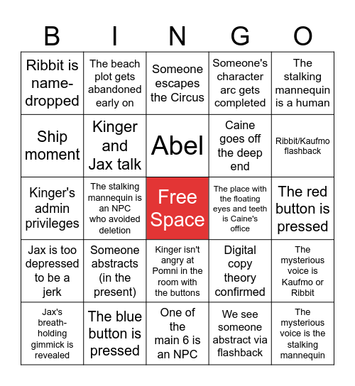 The Amazing Digital Circus Episode 7 Bingo Card