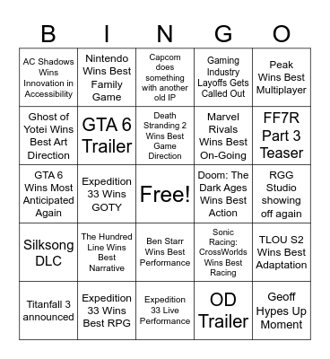 The Game Awards 2025 Bingo Card