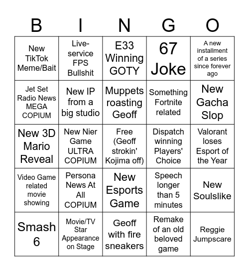 Game Awards Bingo Card